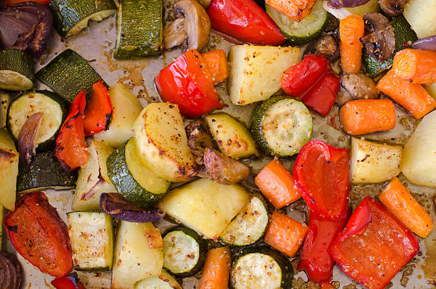 Roasted vegetables fresh out of the oven stock photo