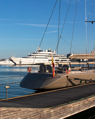 Tarragona. Spain - April 12, 2016: A large private yachts in harbor - Spain. Tarragona. 12.06. 2016