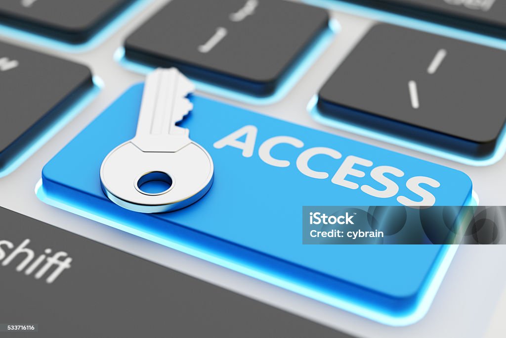 Safety data access, computer network security, accessibility and authorization concept Metallic key on blue keyboard button closeup view Accessibility Stock Photo