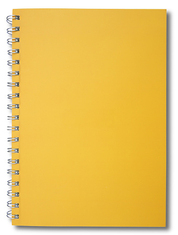 Yellow spiral notebook with shadow isolated on white background