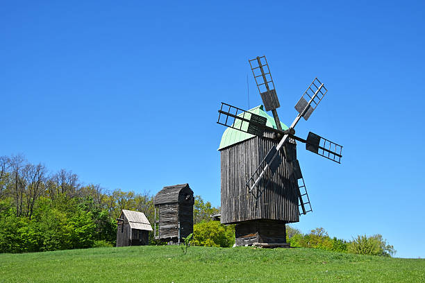 istock Rural landscape with old wooden windmills 533717308