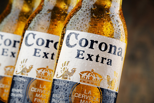 Poznan, Poland - April 20, 2016: Corona Extra, one of the top-selling beers worldwide is a pale lager produced by Cerveceria Modelo in Mexico