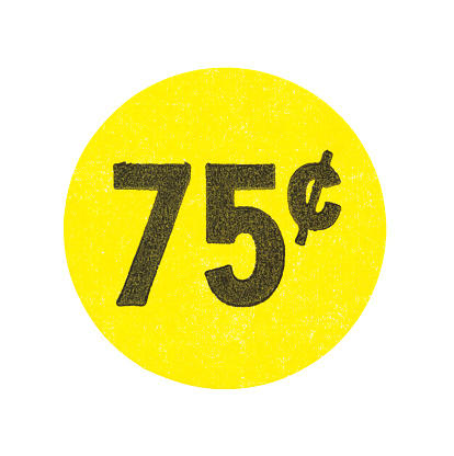 A bright yellow generic seventy five cent garage sale sticker isolated on a white background.