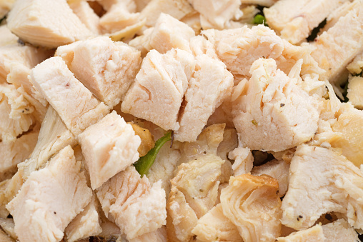 Close view of cut up chicken breast for salad with spinach.