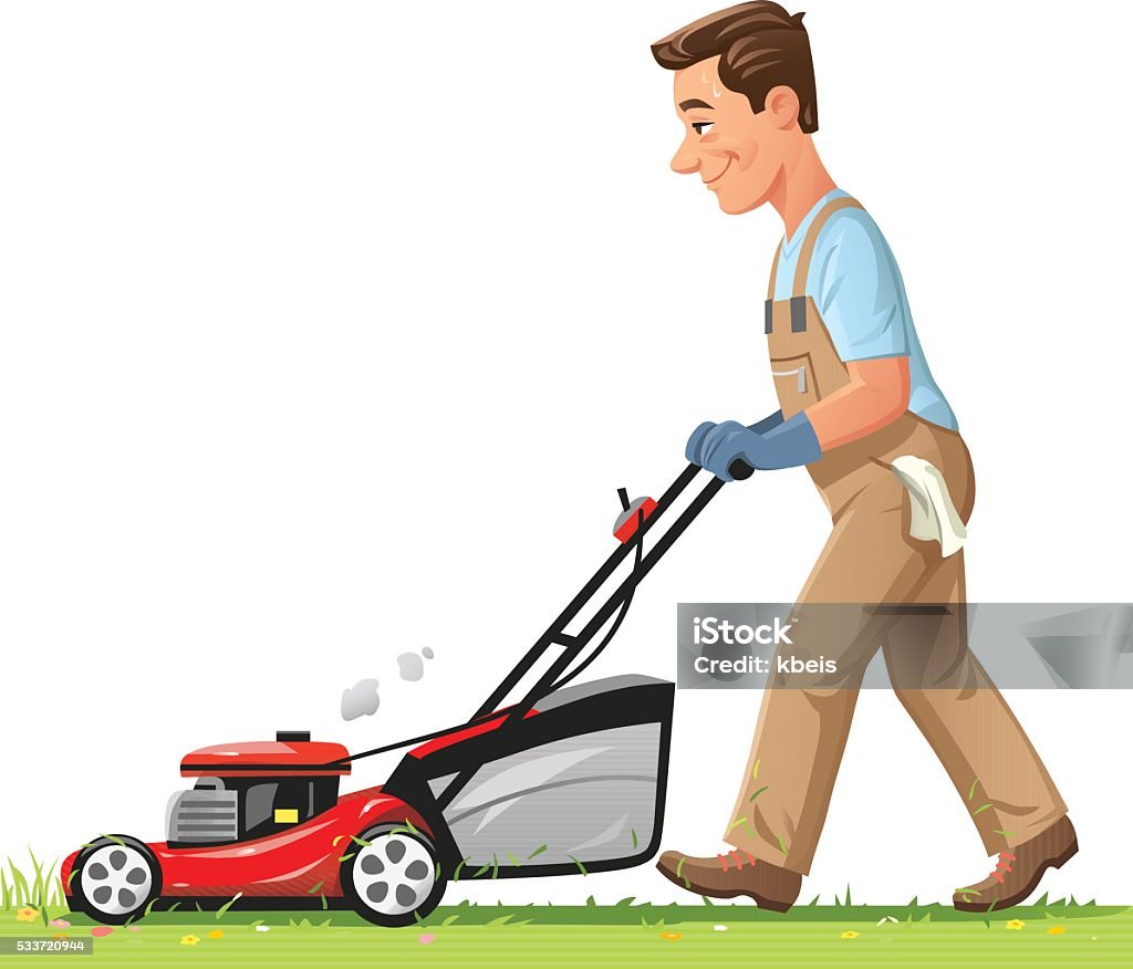 Man Mowing The Lawn Vector illustration of a man mowing the lawn, isolated on white. Mowing stock vector