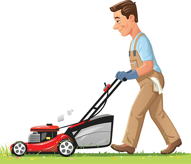 Man Mowing The Lawn Vector illustration of a man mowing the lawn, isolated on white. electric motor white background stock illustrations