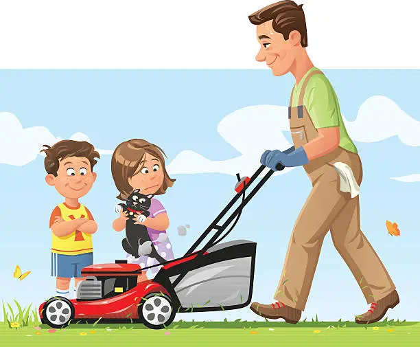 Vector illustration of Father Mowing The Lawn