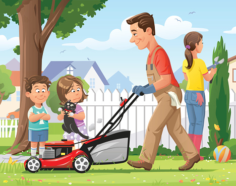 Vector illustration of a father mowing the lawn in his garden yard on a sunny day. His children are watching him and in the background his wife is cutting the hedge.
