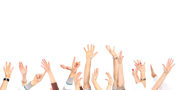 istock Group of hands pointing up over white background. 533726917