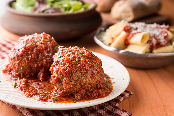 Gourmet Meatball Fresh Italian Meatballs in Red Sauce penne meatballs stock pictures, royalty-free photos & images