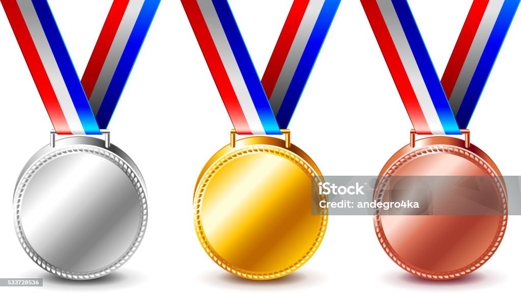 Oro, plata y bronce medallas de vector de aislado - arte vectorial de Acontecimiento deportivo internacional libre de derechos