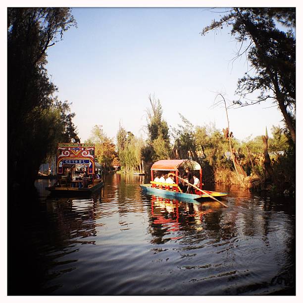 Trajinera boats in Xochimilco, Mexico City Xochimilco, Mexico - December 30, 2014: The canals of Xochimilco, the "Mexican Venice". Close to Mexico City, it is a famous place to take a relaxing boat ride in the big Trajinera boats, which hold up to 20 people and have a meal and music on board. trajinera stock pictures, royalty-free photos & images