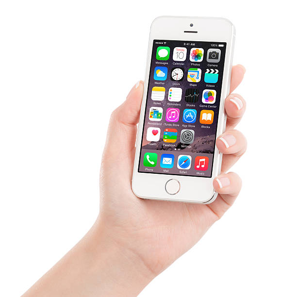 Varna, Bulgaria - December 07, 2013: Female hand holding Apple Silver iPhone 5S displaying iOS 8 mobile operating system, designed by Apple Inc. Isolated on white background.