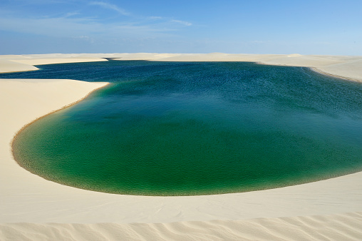 Lencois Maranhenses National Park, located in northeastern Brazil, low, flat, occasionally flooded land, overlaid with large, discrete sand dunes with blue and green lagoons