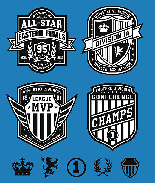 ilustraciones, imágenes clip art, dibujos animados e iconos de stock de athletic emblems cresta - shield crown blue badge