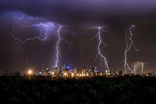 Thunderstorm over Melbourne City showing multiple lightning strikes