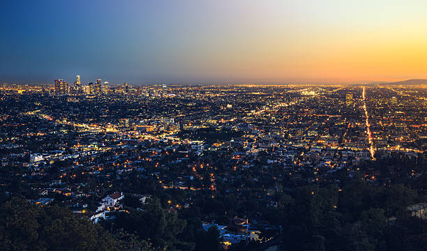Last Light on the City Los Angeles, California los angeles aerial stock pictures, royalty-free photos & images