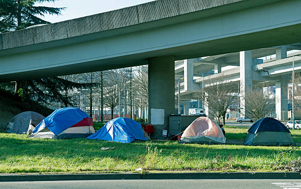 Homeless encampment below freeway in Seattle WA