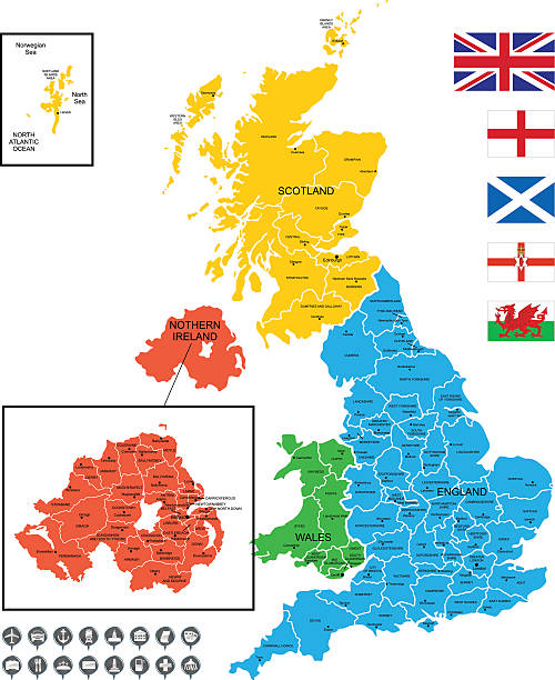 ilustrações, clipart, desenhos animados e ícones de detalhada vetor mapa do reino unido - uk map regions england