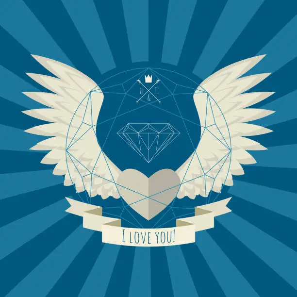 Vector illustration of Heart with wings on blue.