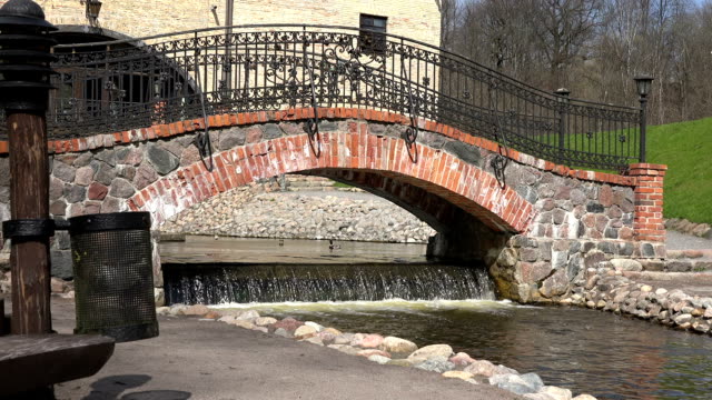 Retro stone bridge arch and duck swim in flow water.