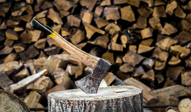 istock the old axe stuck in a stump 533831570