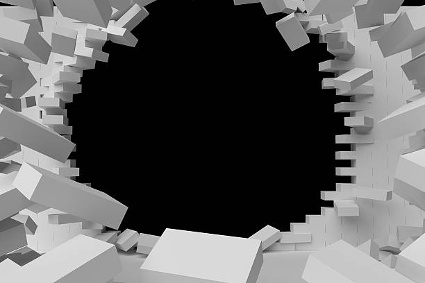 istock 3D rendering Destruction of a white brick wall on black 533831662