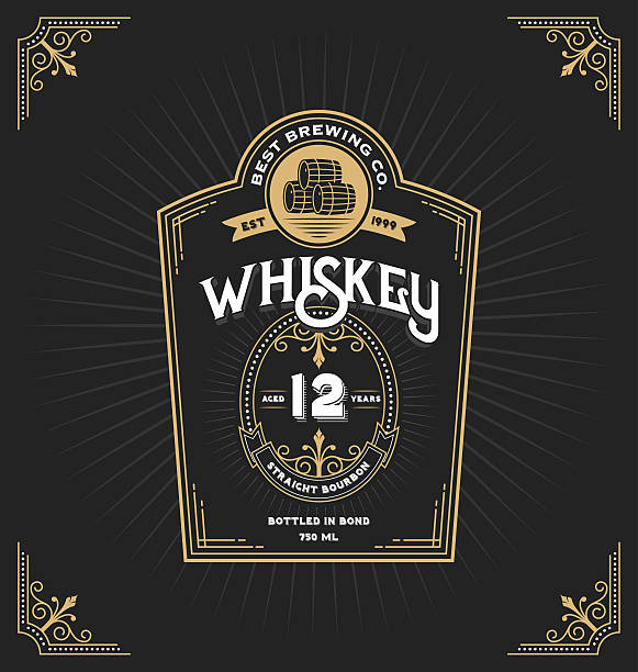 ilustraciones, imágenes clip art, dibujos animados e iconos de stock de bastidor vintage etiqueta de whisky y bebidas - whisky