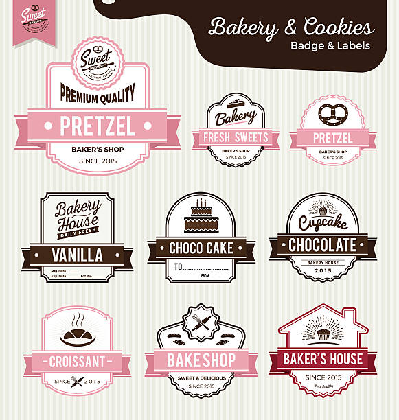 набор милый выпечка и хлеб этикетки дизайн - bakery baked biscuit sweet food stock illustrations