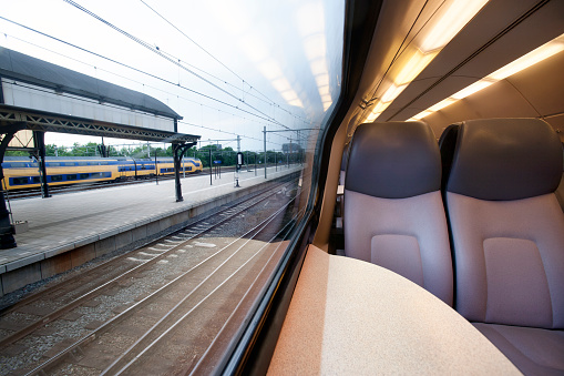 Interior of a train waiting at a station in the Netherlands