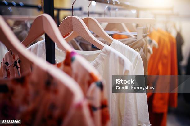 Clothing On Hanger At The Modern Shop Boutique Stock Photo - Download Image Now - Clothing, Store, Fashion