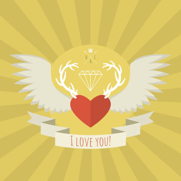 Heart with deer antlers and wings on yellow. Heart with white deer antlers and wings. Vector illustration. Card of Valentine's day valentinstag stock illustrations