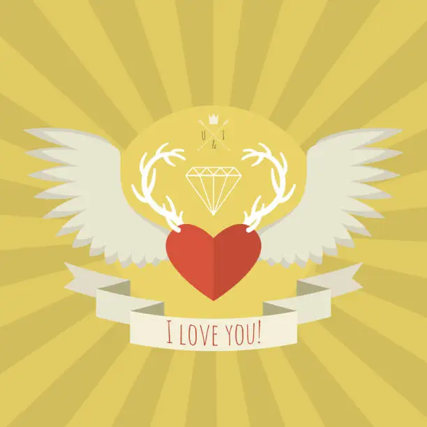 Vector illustration of Heart with deer antlers and wings on yellow.