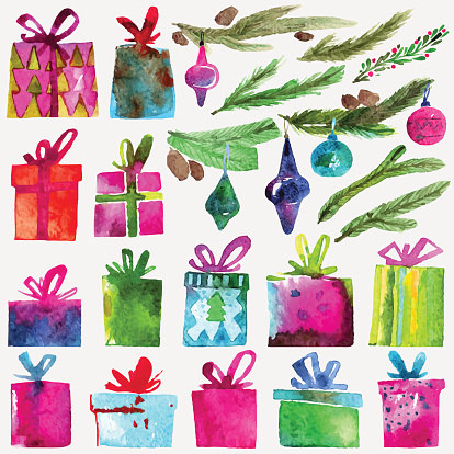 Isolated on white background. Watercolor art. Vector illustration. Christmas decoration elements.
