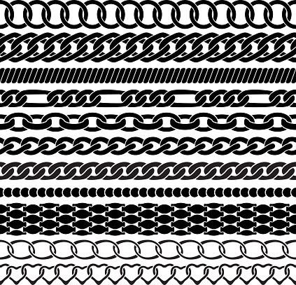 Assorted black silhouettes chains on white background. Vector brushes for your design.
