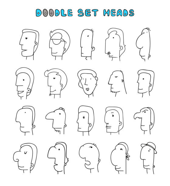 ilustrações de stock, clip art, desenhos animados e ícones de cabeças de homem isolados com diferentes expressões faciais. homem rosto - human face manga style emoticon smiley face