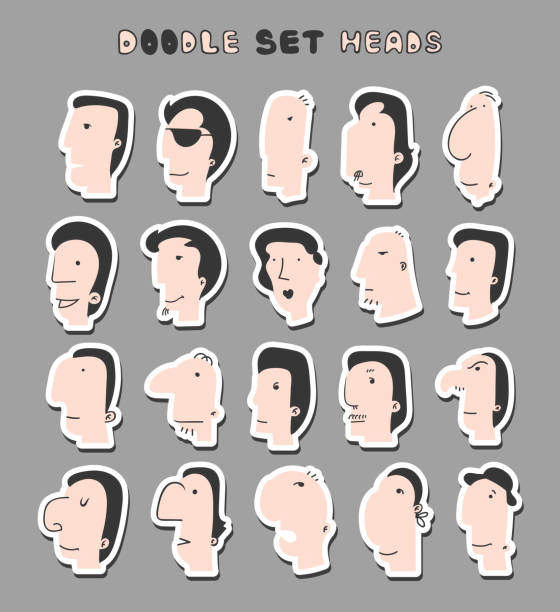 ilustrações de stock, clip art, desenhos animados e ícones de cabeças de homem isolados com diferentes expressões faciais. homem rosto - human face manga style emoticon smiley face