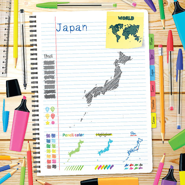 日本の上に手描きされた地図ノートます。木の背景 - ruler ballpoint pen pen isolated点のイラスト素材／クリップアート素材／マンガ素材／アイコン素材
