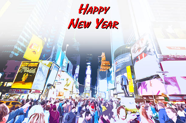 Illustration of celebration at New Year in Times Square Illustration of celebration at New Year in Times Square, New York. times square new years eve stock pictures, royalty-free photos & images