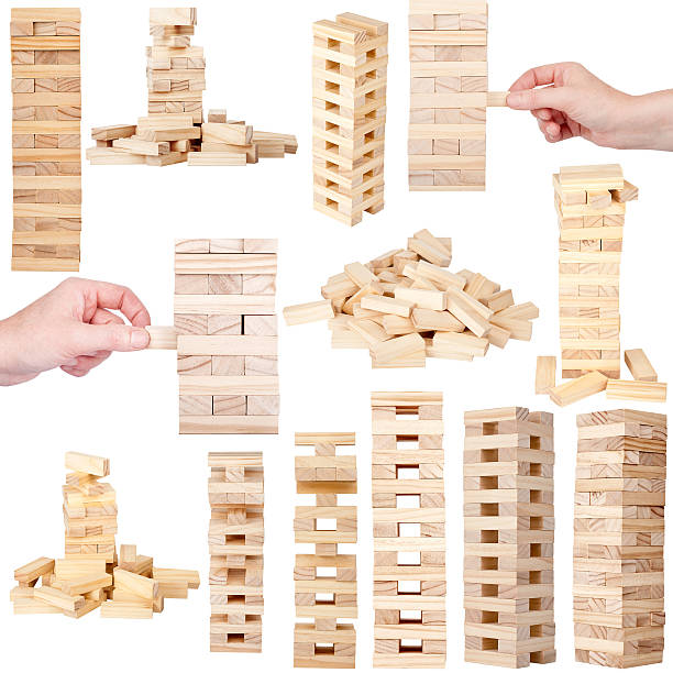 wieża drewniane klocki gry - wood toy block tower zdjęcia i obrazy z banku zdjęć