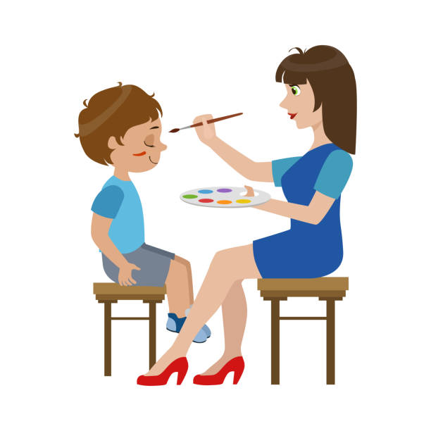 Artist Painting The Face Of The Boy Artist Painting The Face Of The Boy Bright Color Cartoon Childish Style Flat Vector Drawing Isolated On White Background face paint stock illustrations