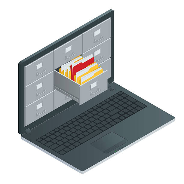 illustrations, cliparts, dessins animés et icônes de fichier de rangement à l'intérieur de l'écran d'ordinateur portable - archives backup data three dimensional shape