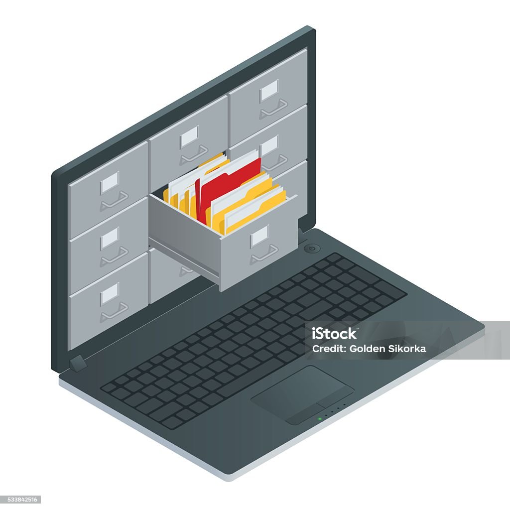 File cabinets inside the screen of laptop computer File cabinets inside the screen of laptop computer. Data storage 3d isometric vector illustration. File Folder stock vector