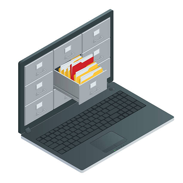 File cabinets inside the screen of laptop computer File cabinets inside the screen of laptop computer. Data storage 3d isometric vector illustration. telephone directory stock illustrations