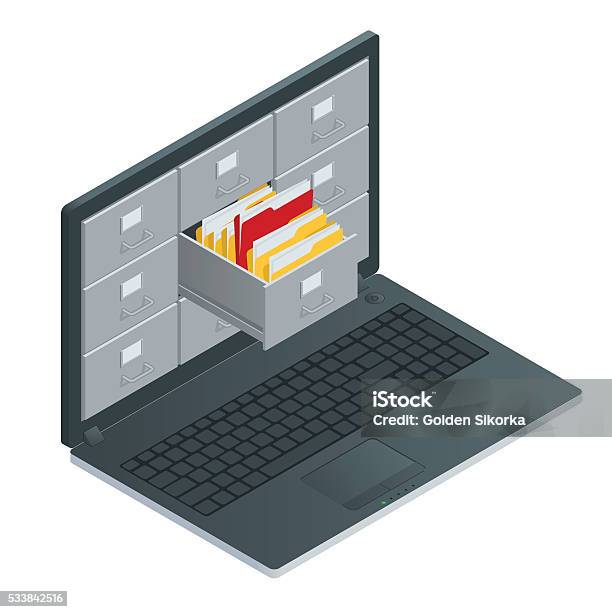 File Cabinets Inside The Screen Of Laptop Computer Stock Illustration - Download Image Now - File Folder, Ring Binder, Document