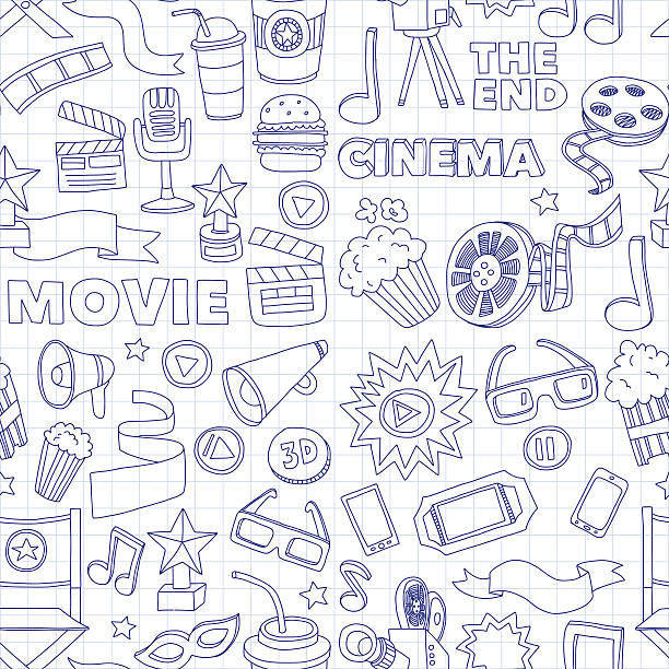 Vector pattern with cinema hand drawn icons Doodle style Vector pattern with cinema hand drawn icons Doodle style pictures movie drawings stock illustrations