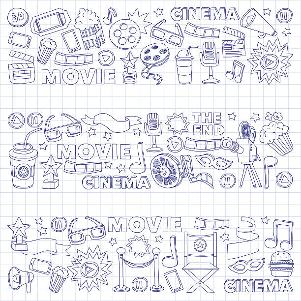 ilustrações, clipart, desenhos animados e ícones de vetor padrão com cinema desenhado à mão estilo doodle ícones de - three dimensional shape symbol blackboard drawing