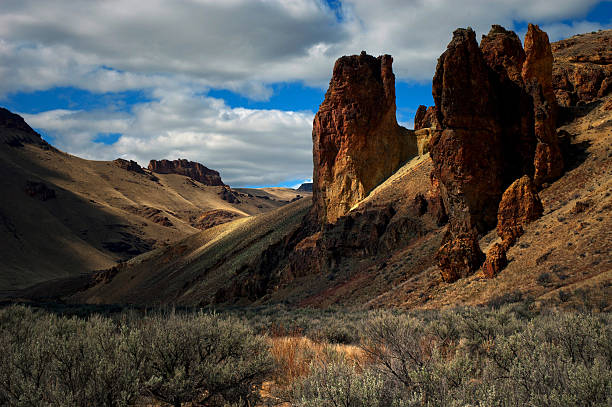 Rocks and Sage at Leslie Gulch in Eastern Oregon stock photo