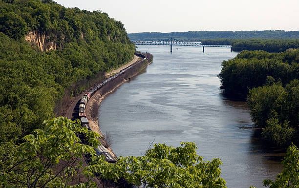 Mississippi River and Train from Illinois stock photo