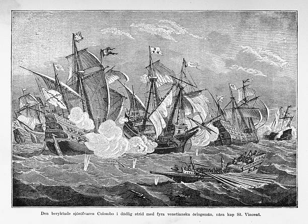 pirat colombo w walkę przeciwko wenecjanie grawerowanie, ok. 1400 s - sailing ship nautical vessel military ship brigantine stock illustrations